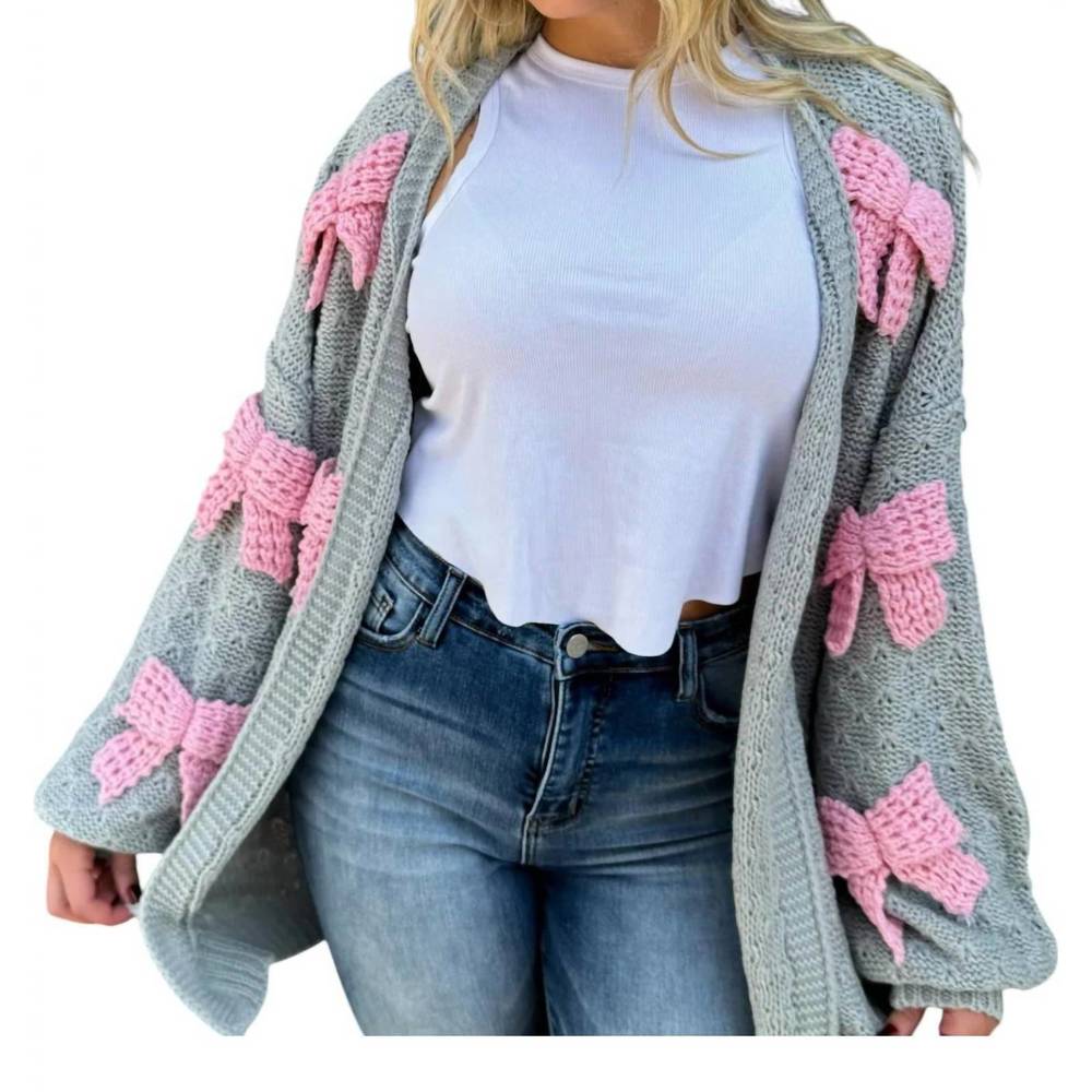 Cozy Grey Knit Cardigan with Pink Bow Accents